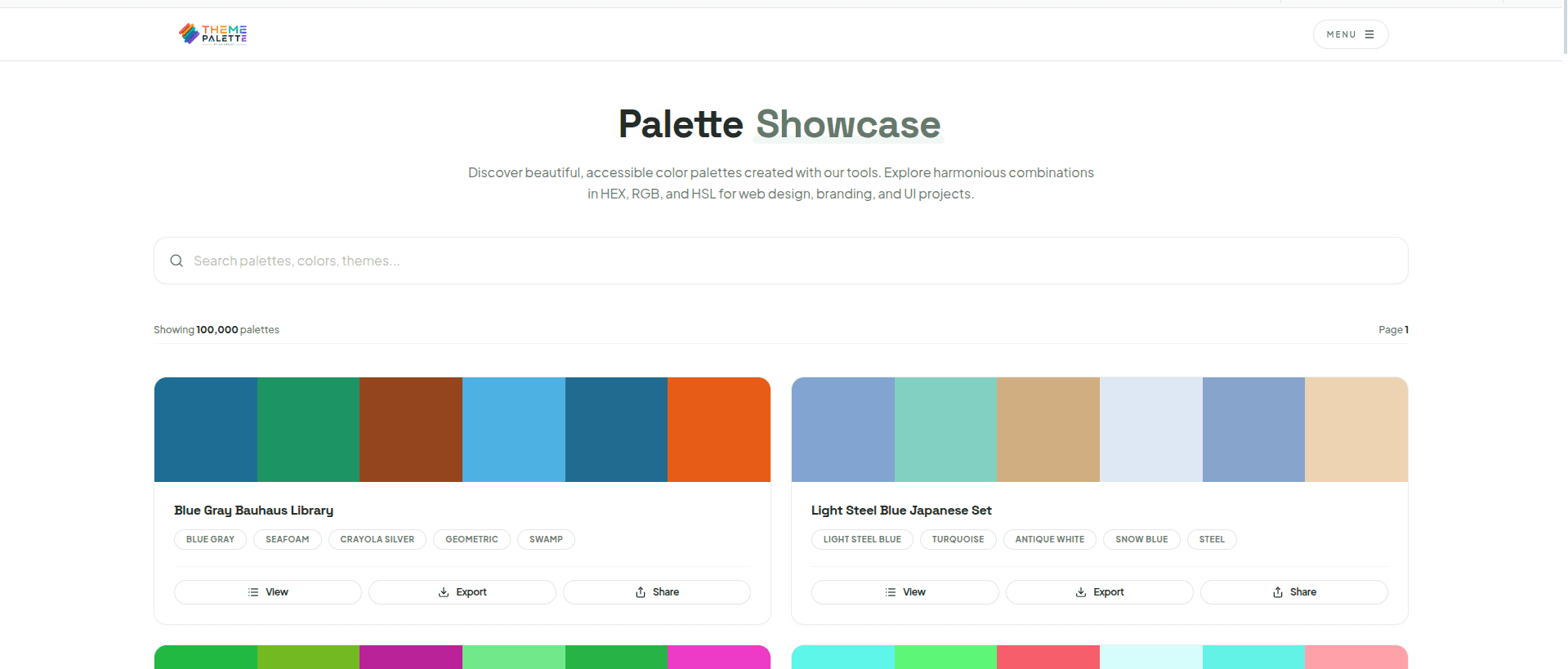 Minimal Theme Palette website cover showing a modern color palette showcase with colorful swatches, palette cards, HEX/RGB/HSL values, and design-focused color combinations for web, branding, and UI projects.