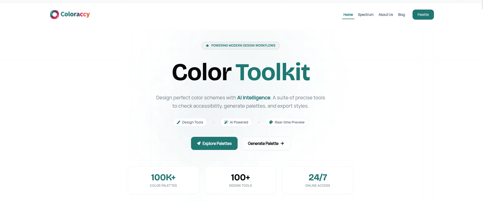 Minimal Coloraccy website cover showing a modern color toolkit interface with palette cards, color swatches, contrast tools, gradient previews, and the headline focused on creating accessible color systems.