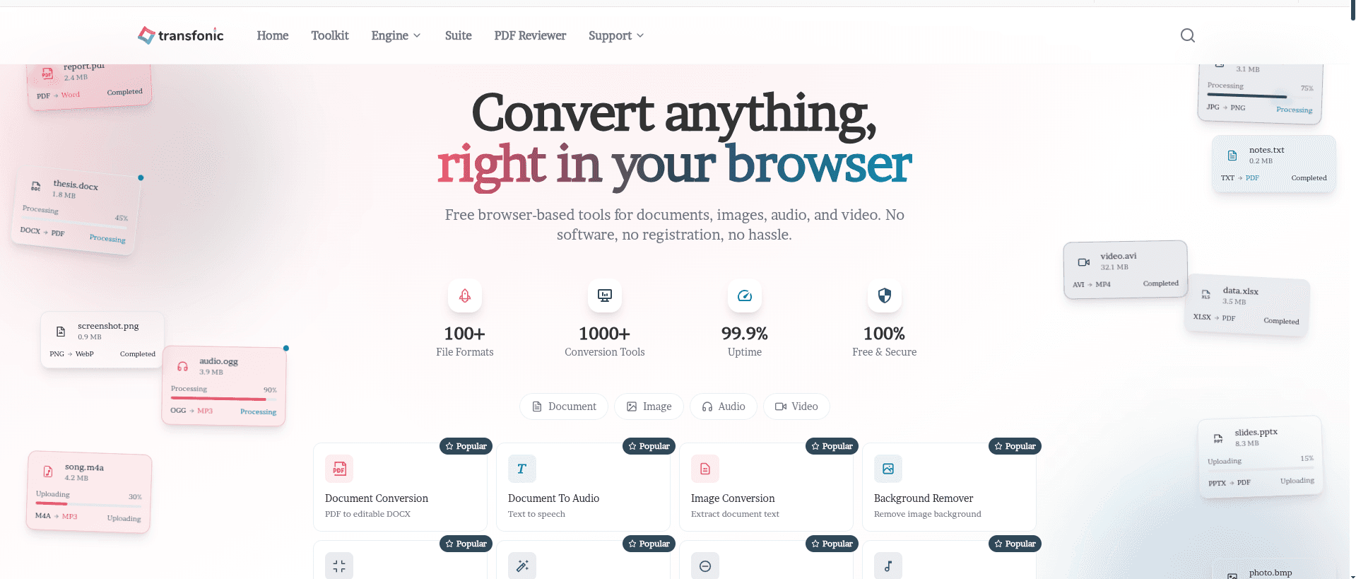 Minimal Transfonic website cover showing a browser-based file conversion platform with document, image, audio, and video tools, conversion cards, and the headline “Convert anything, right in your browser.”