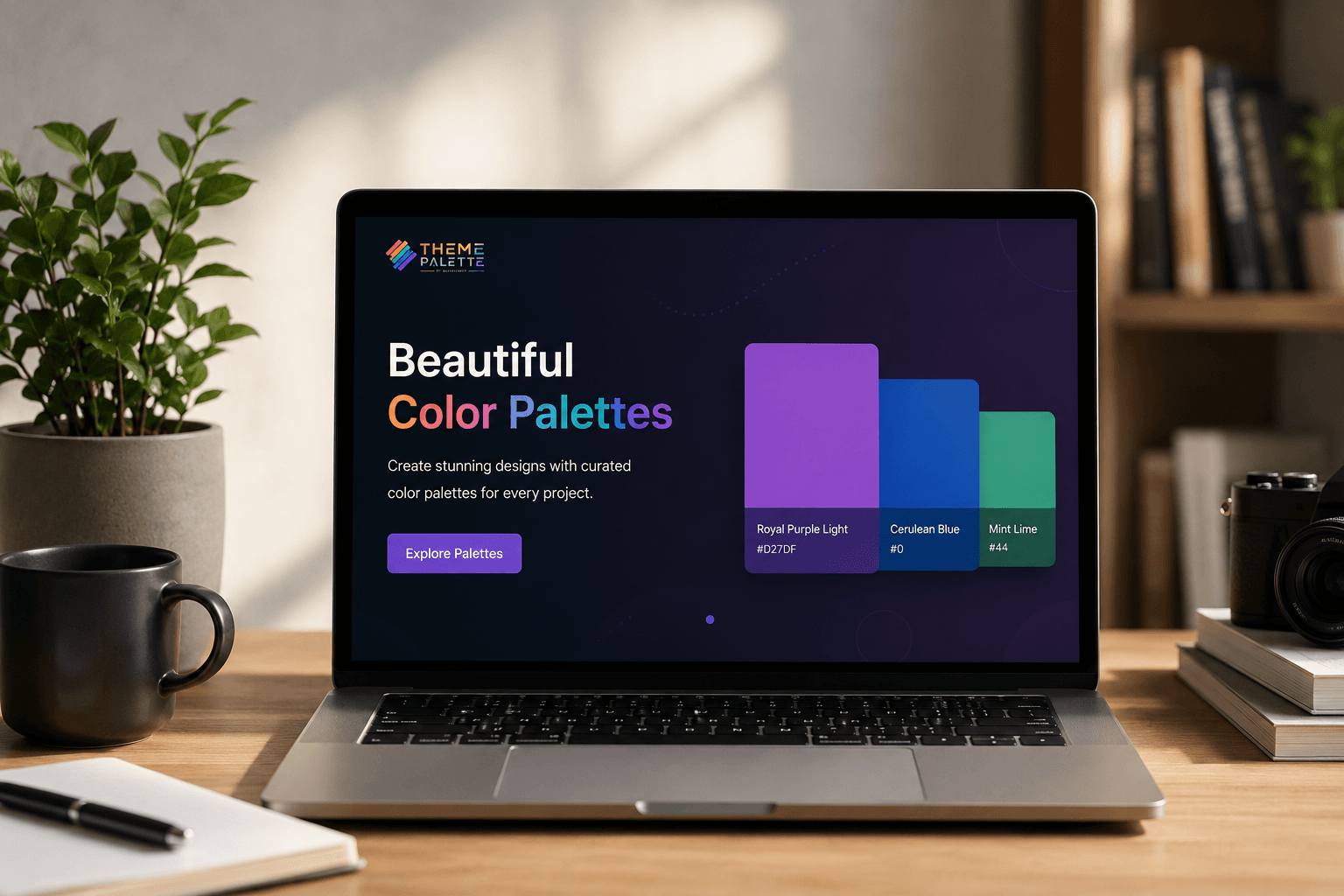 Royal Purple Light, Cerulean Blue, and Mint Lime color palette displayed as a modern UI design theme for web developers and designers.