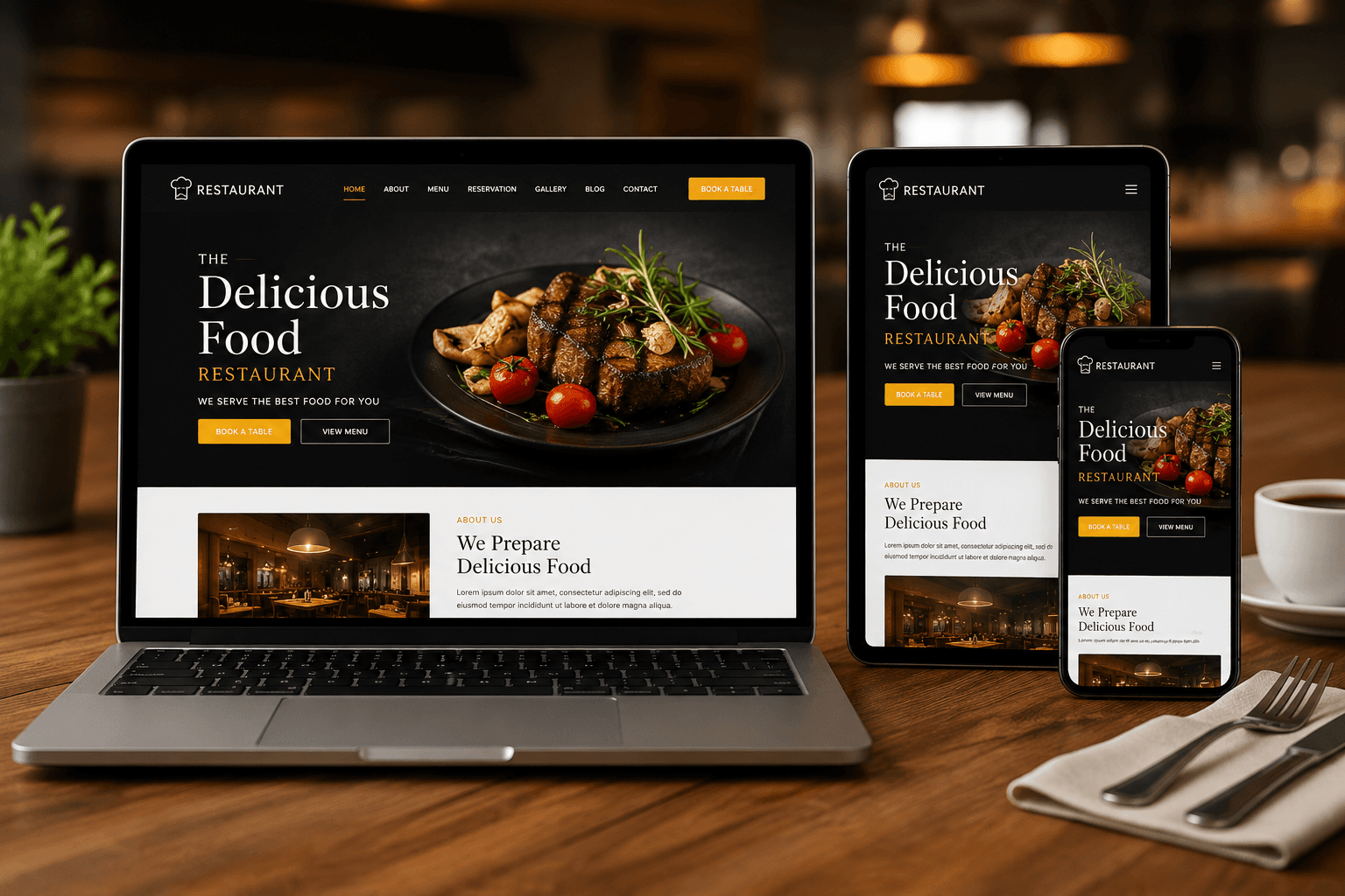 Modern restaurant website template featuring food menu, online reservations, gallery showcase, and responsive design for restaurants and cafes.