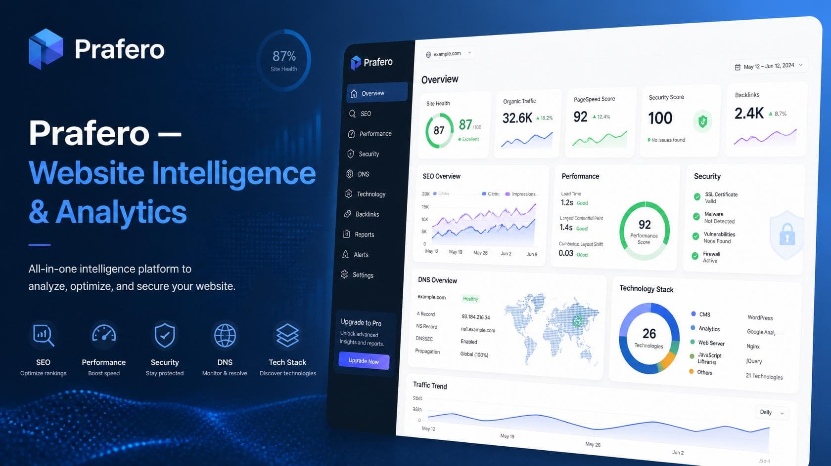 Prafero website intelligence dashboard showing SEO, performance, security, DNS, and tech stack analysis