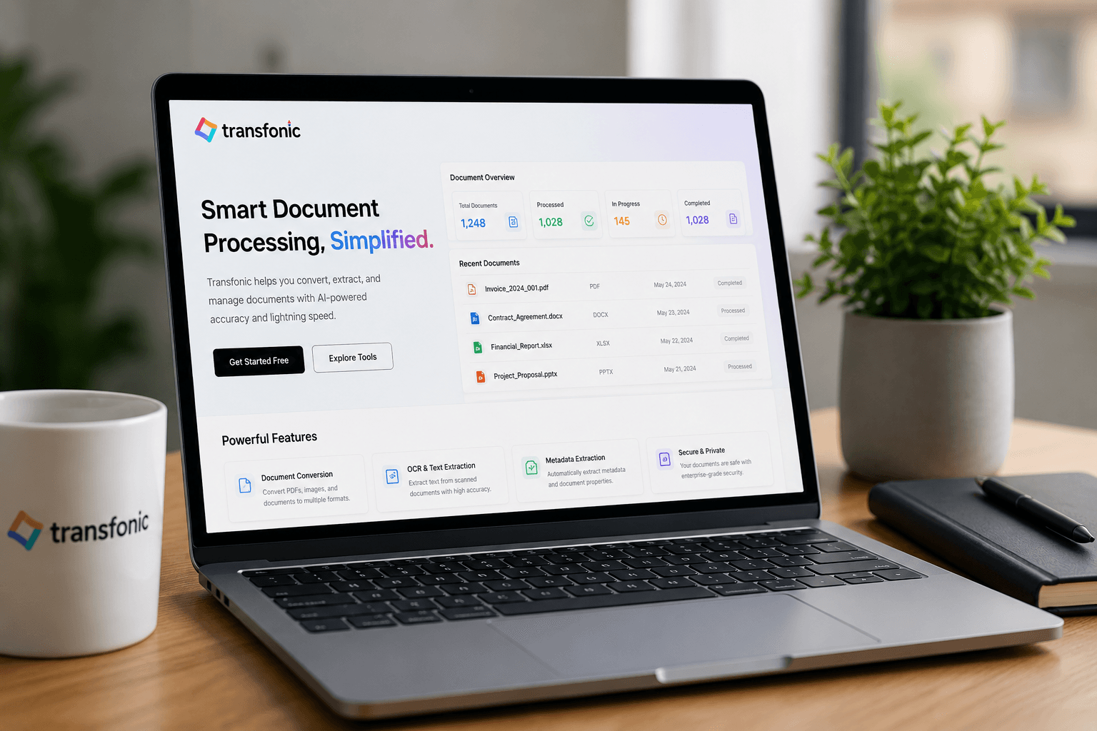 AI-powered metadata extraction dashboard displaying document properties, file information, and automated data processing by Transfonic.