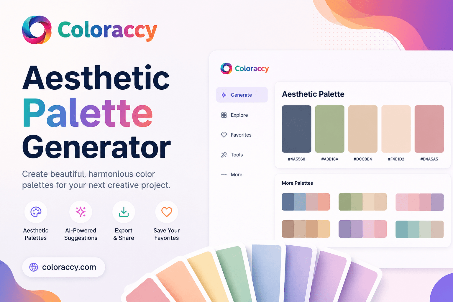Aesthetic color palette generator interface with harmonious color combinations for designers and creatives.