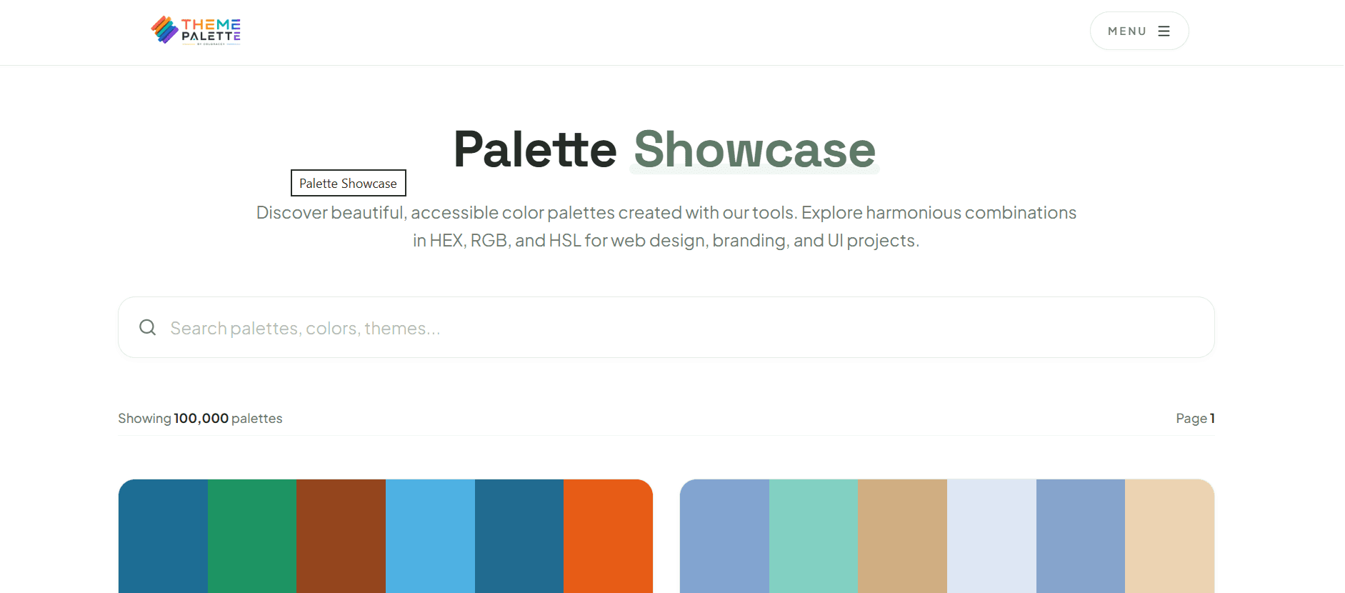 Theme Palette website showcasing curated color themes and design inspiration for creative projects.
