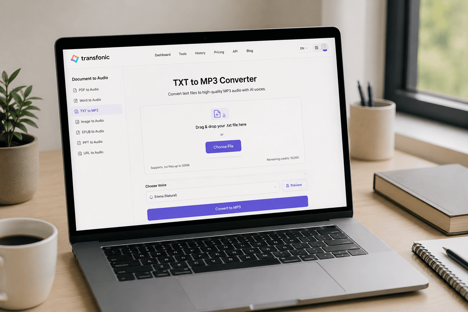 TXT to MP3 converter interface transforming text documents into audio files with AI voice technology