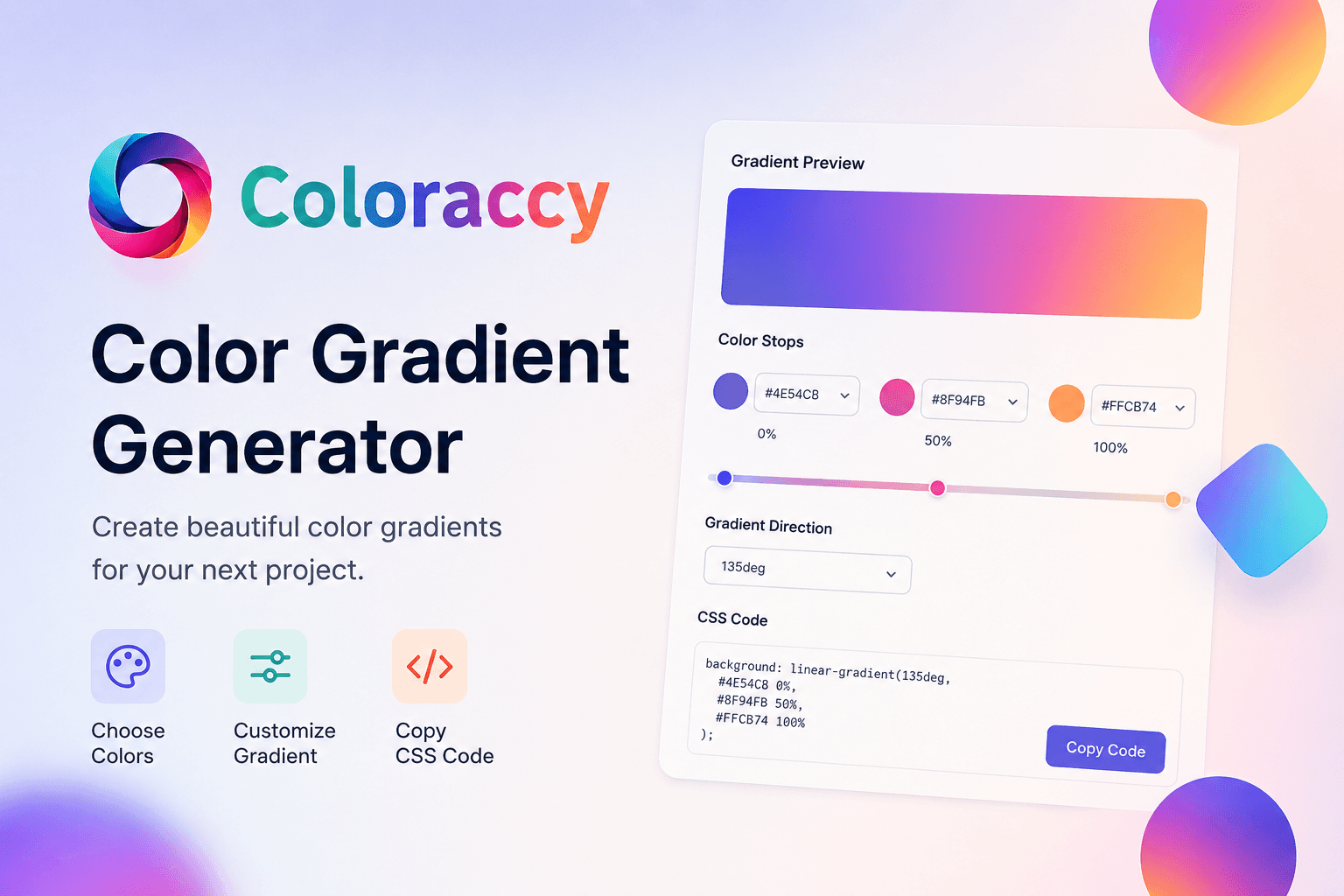 ColorAccy Color Gradient Generator tool interface for creating custom CSS color gradients
