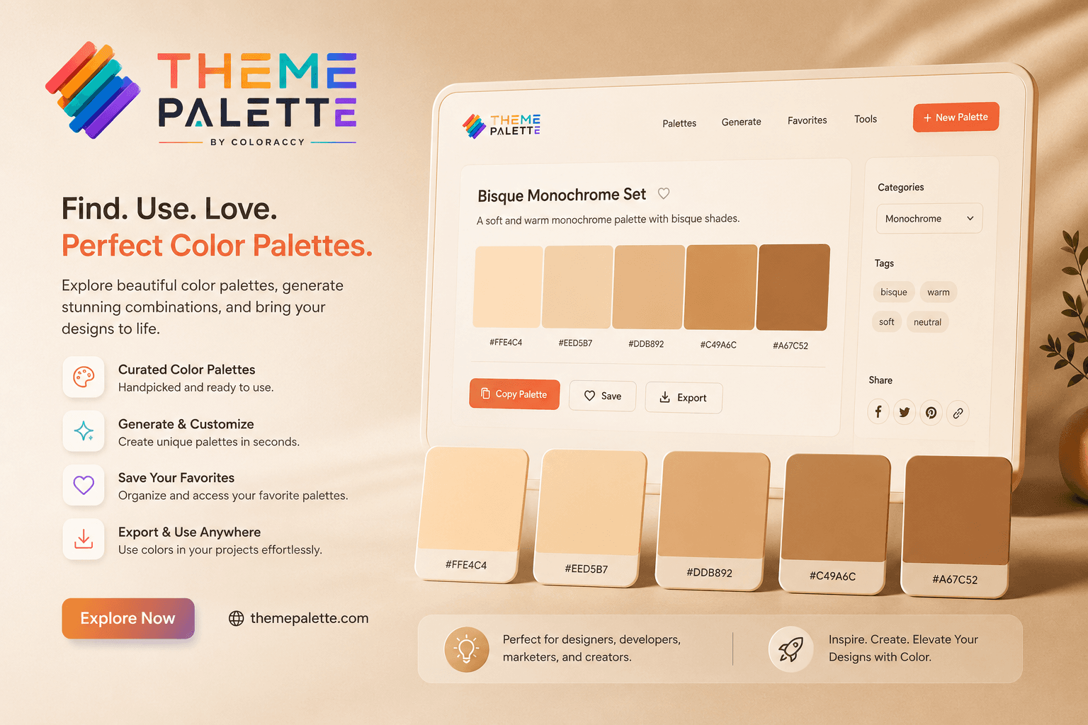 Bisque Monochrome Set BA58B color palette featuring warm beige and soft peach monochromatic shades with HEX color codes for design inspiration.