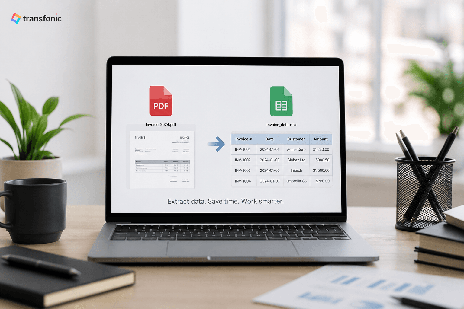 AI-powered PDF extraction tool displayed on a laptop screen, showing conversion of a PDF invoice into structured spreadsheet data. The Transfonic logo appears in the top-left corner, with a modern office workspace background featuring a coffee mug, plants, notebooks, and stationery.