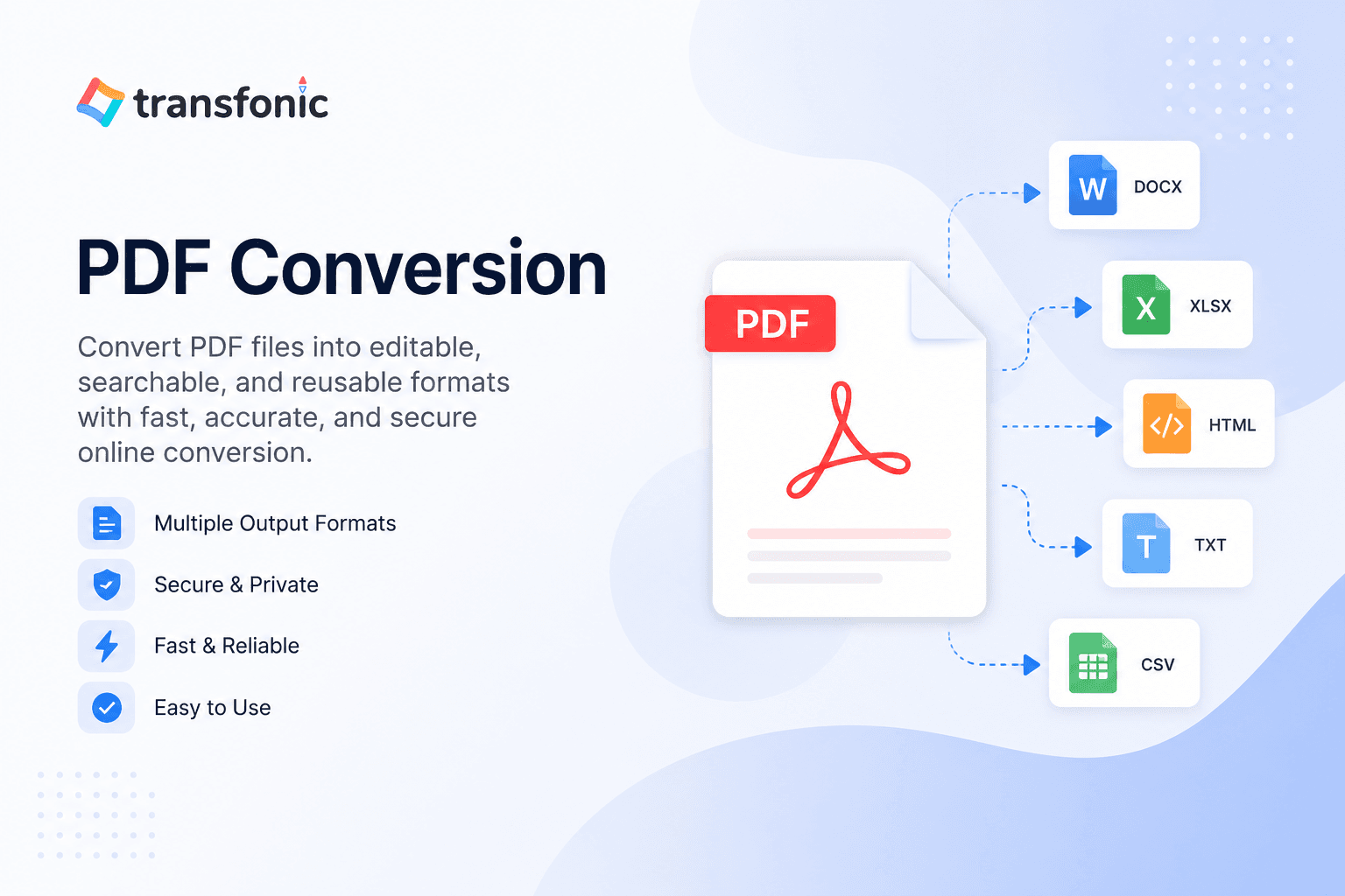 PDF Conversion – Convert PDF files into editable, searchable, and reusable formats including DOCX, XLSX, HTML, TXT, and CSV.